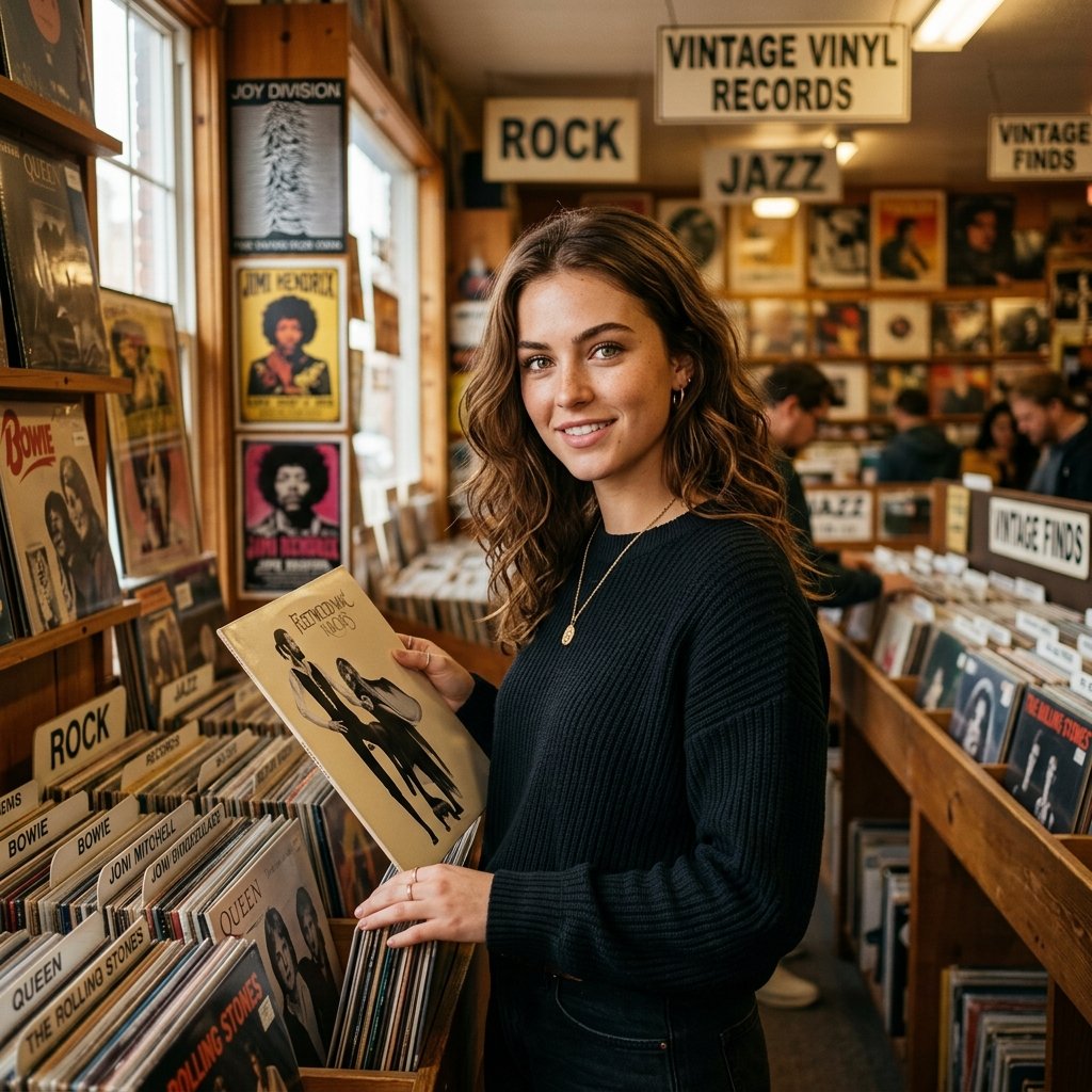 A gorgeous girl, browsing in a vintage record store, staring intensely directly at the lens, sharp 8