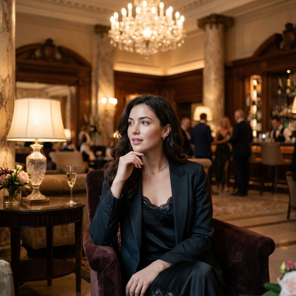 A gorgeous girl, in a luxurious hotel lobby, looking thoughtfully off-camera, sharp 8k photography, 