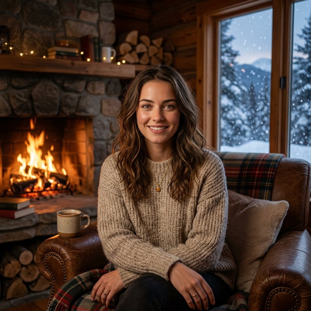 A gorgeous girl, in a cozy snowy cabin by the fire, staring intensely directly at the lens, sharp 8k