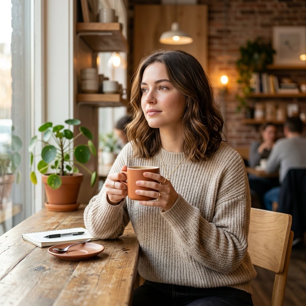 A gorgeous girl, in an aesthetic minimalist cafe, looking thoughtfully off-camera, sharp 8k photogra