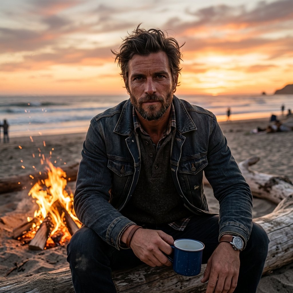 A rugged guy, at a golden hour beach bonfire, staring intensely directly at the lens, sharp 8k photo