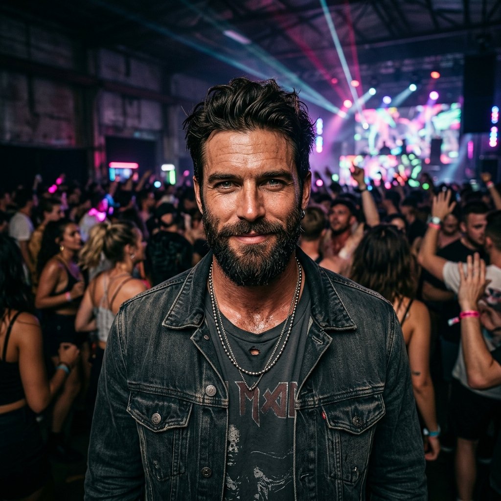 A rugged guy, at an electric underground music festival, staring intensely directly at the lens, sha