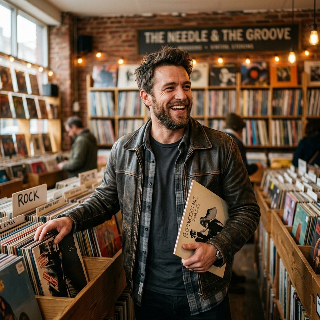 A rugged guy, browsing in a vintage record store, laughing warmly, sharp 8k photography, cinematic l