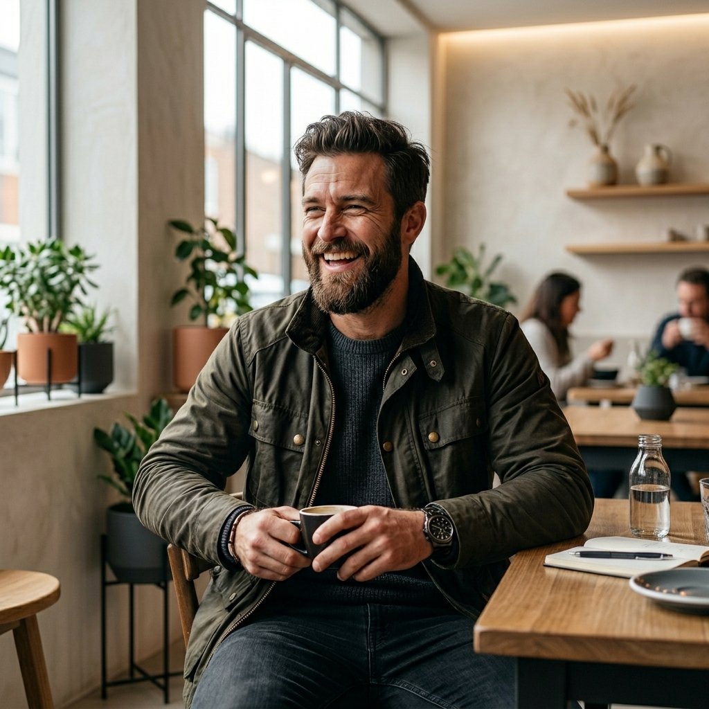 A rugged guy, in an aesthetic minimalist cafe, smiling candidly, sharp 8k photography, cinematic lig