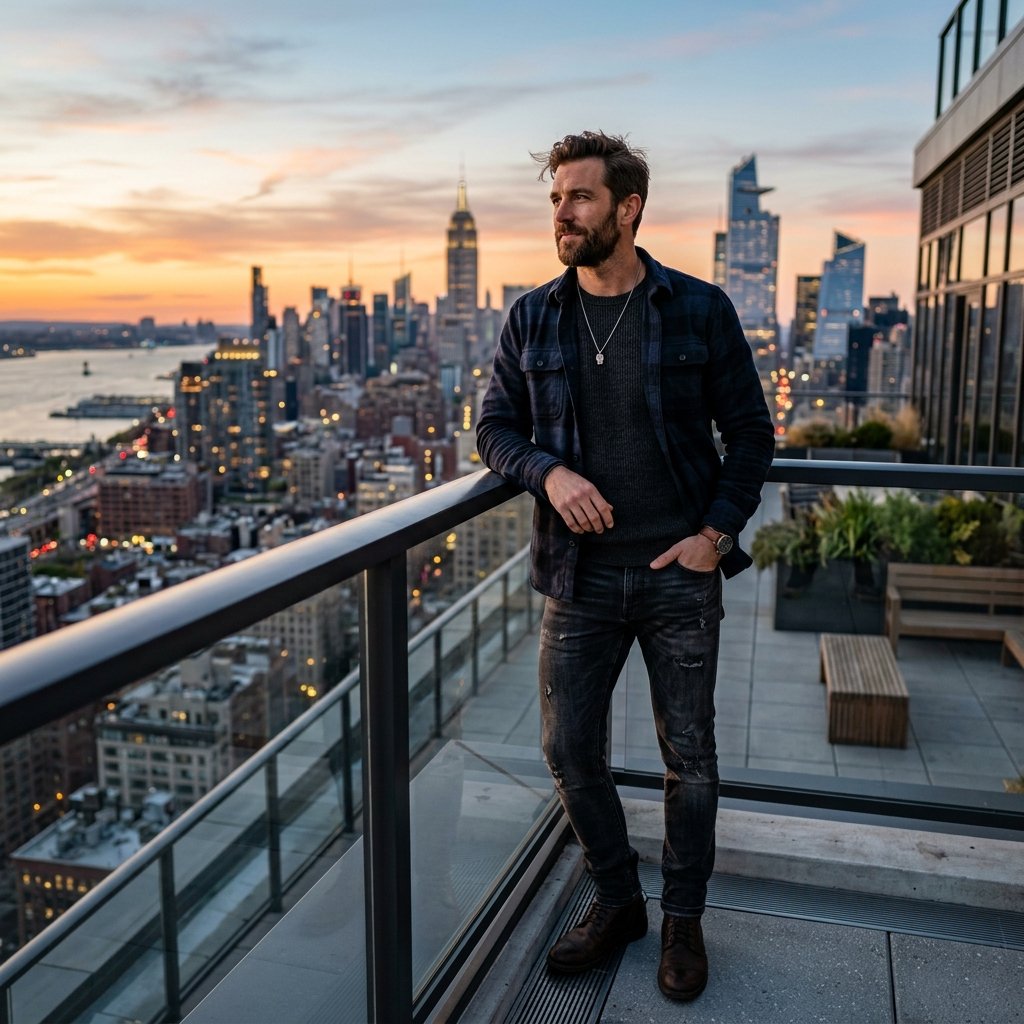 A rugged guy, standing casually on a skyscraper rooftop, looking thoughtfully off-camera, sharp 8k p