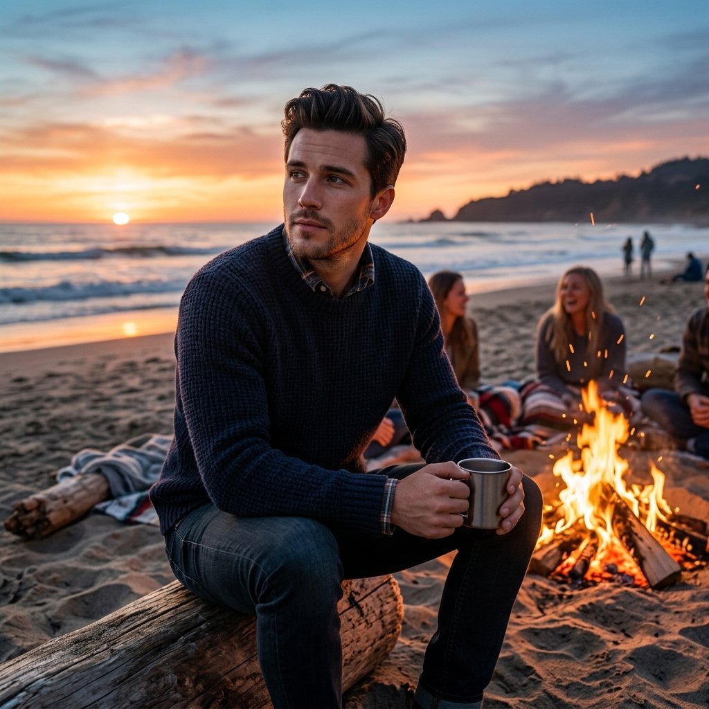 A handsome young man, at a golden hour beach bonfire, looking thoughtfully off-camera, sharp 8k phot