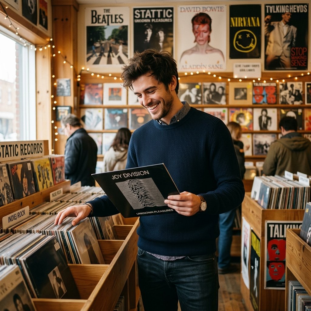 A handsome young man, browsing in a vintage record store, smiling candidly, sharp 8k photography, ci