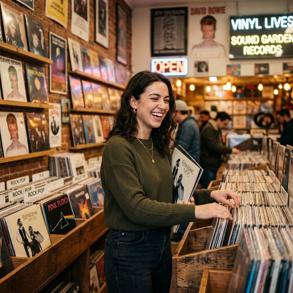 An attractive aesthetic person, browsing in a vintage record store, smiling candidly, sharp 8k photo