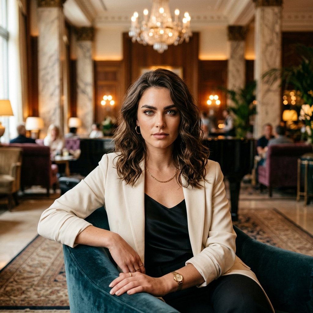 A stylish young woman, in an aesthetic minimalist cafe, staring intensely directly at the lens, shar