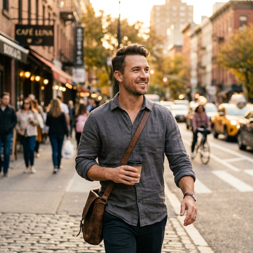 A candid medium shot of a handsome man in a charcoal linen shirt, walking through a sun-drenched NYC
