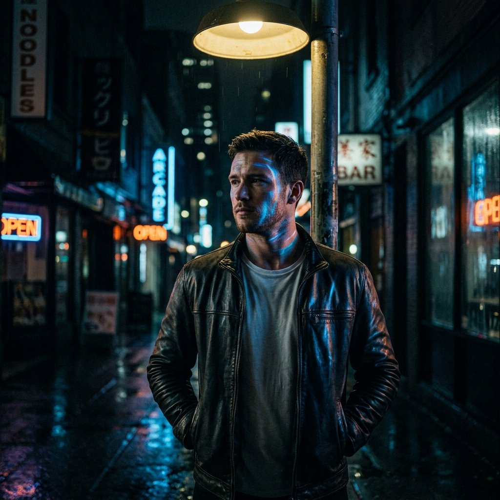 Cinematic night portrait of a man standing under a dim street lamp, blue and orange neon reflections