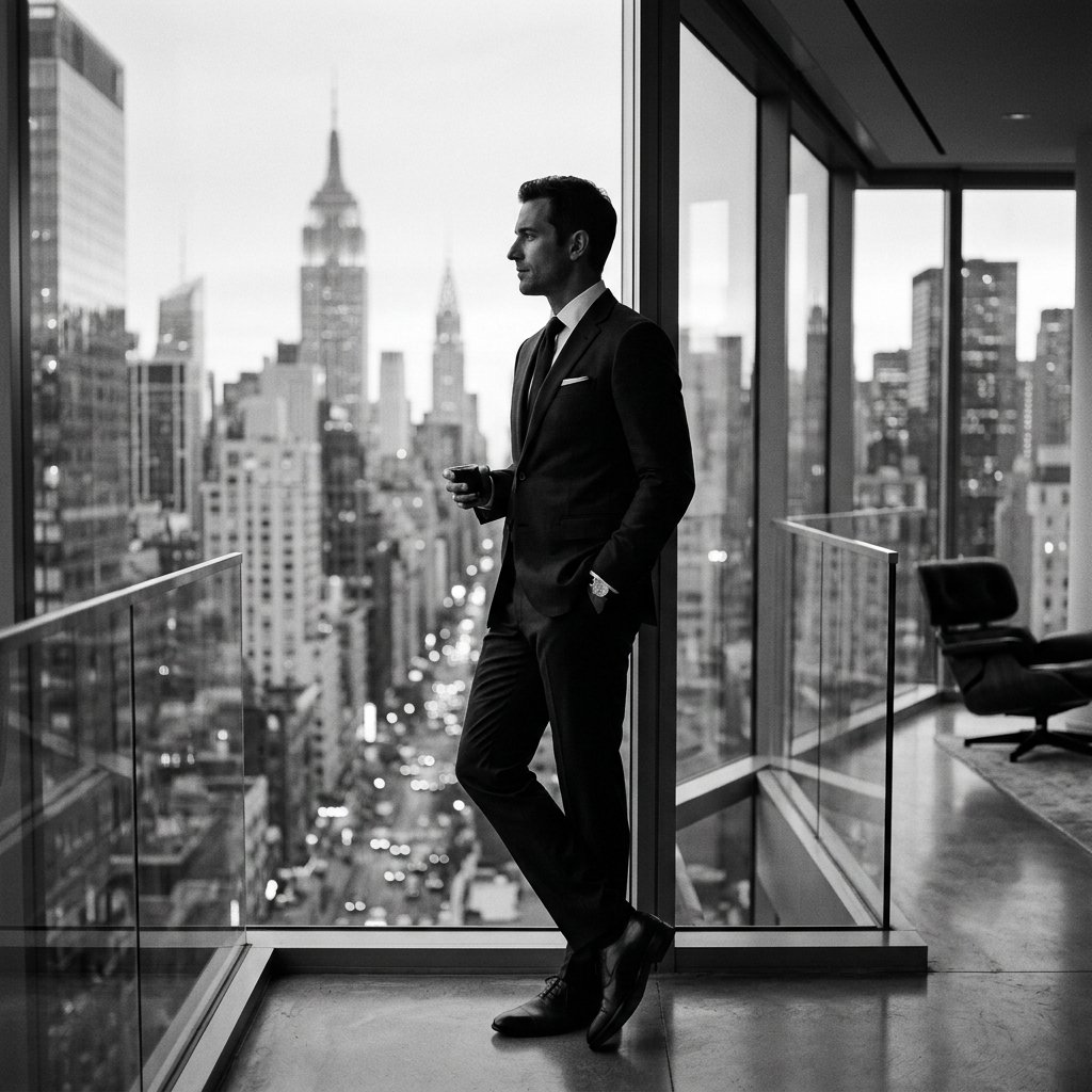 Silhouette-style portrait of a man in a tailored suit leaning against a high-rise glass window, city