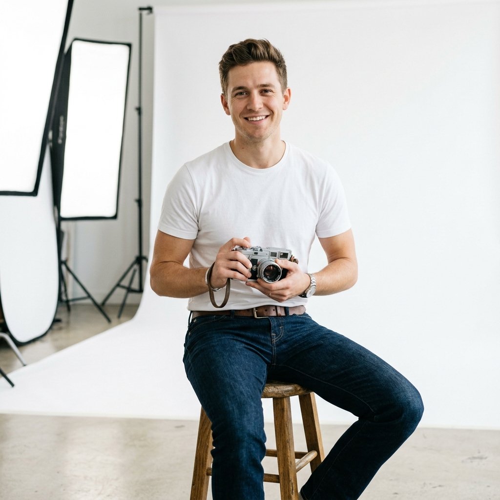 A guy in a minimalist white t-shirt sitting on a stool in a bright photography studio, holding a vin