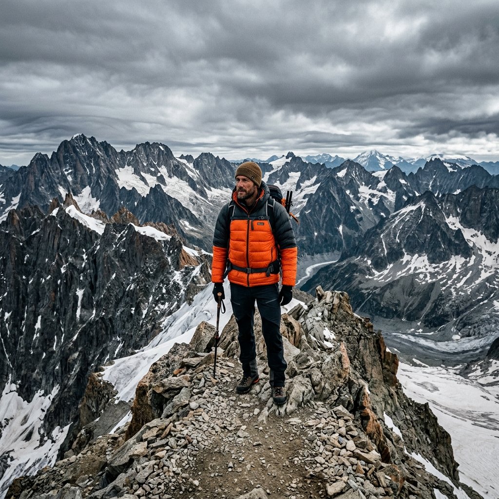 High-altitude photography of a fit man standing on a rocky mountain ridge, wearing a technical puffe