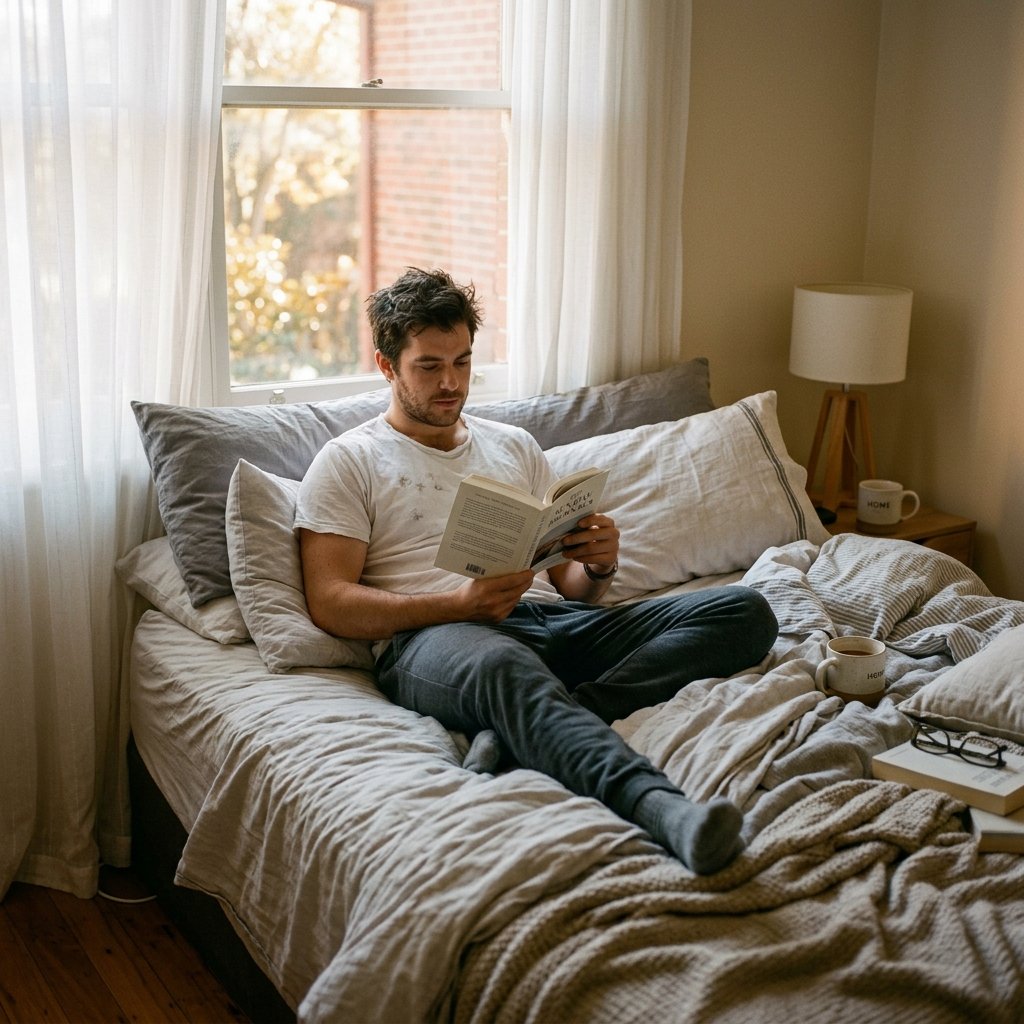 Soft, intimate lighting, a man sitting on a messy bed reading a book, wearing grey sweatpants and a 