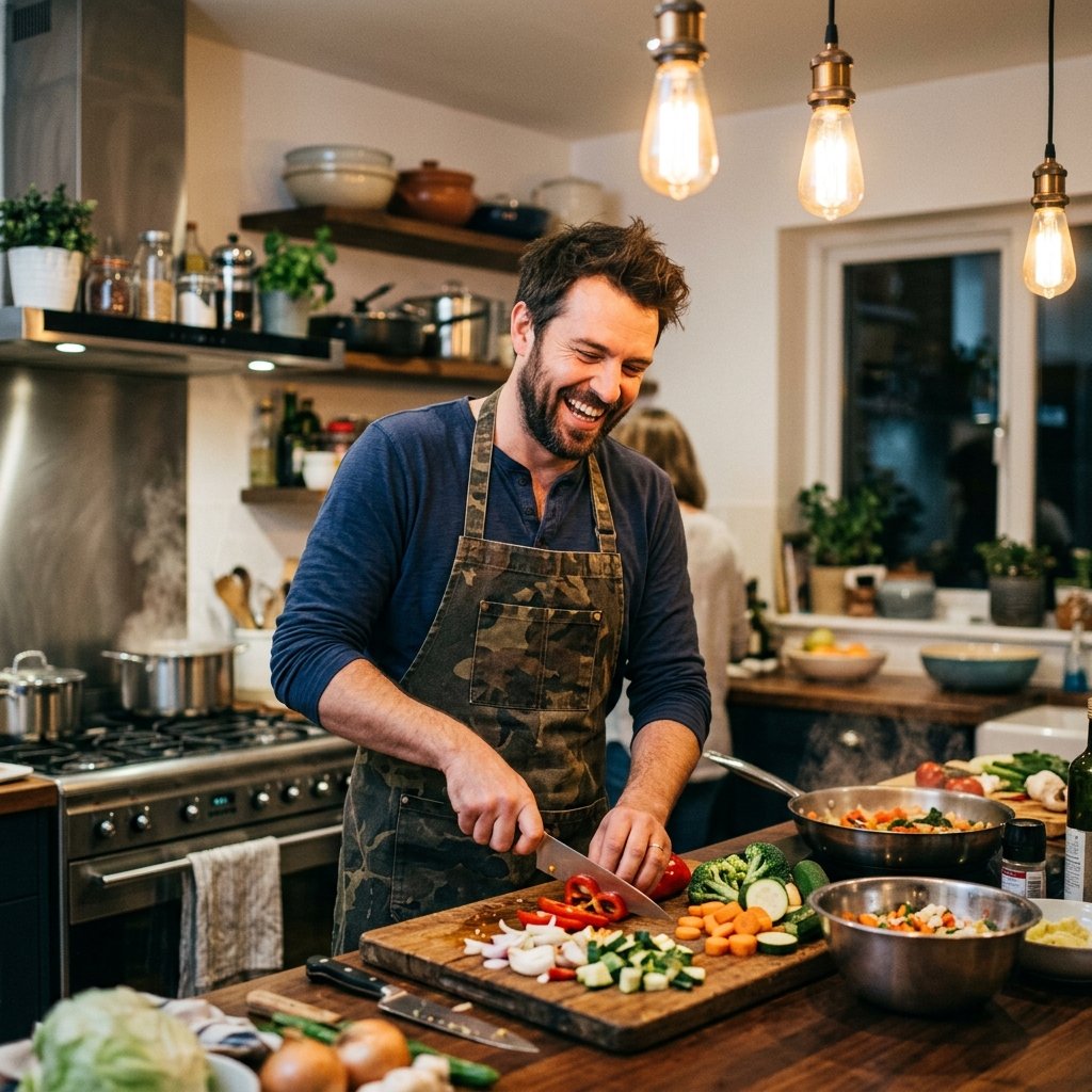 Candid shot of a man laughing while cooking in a modern kitchen, chopping vegetables, warm overhead 