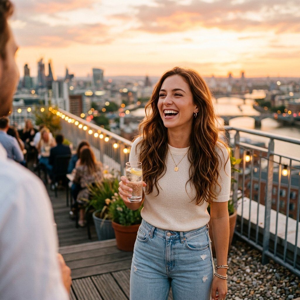 A candid shot of a beautiful young woman on a city rooftop at golden hour, warm sunset lighting, cas