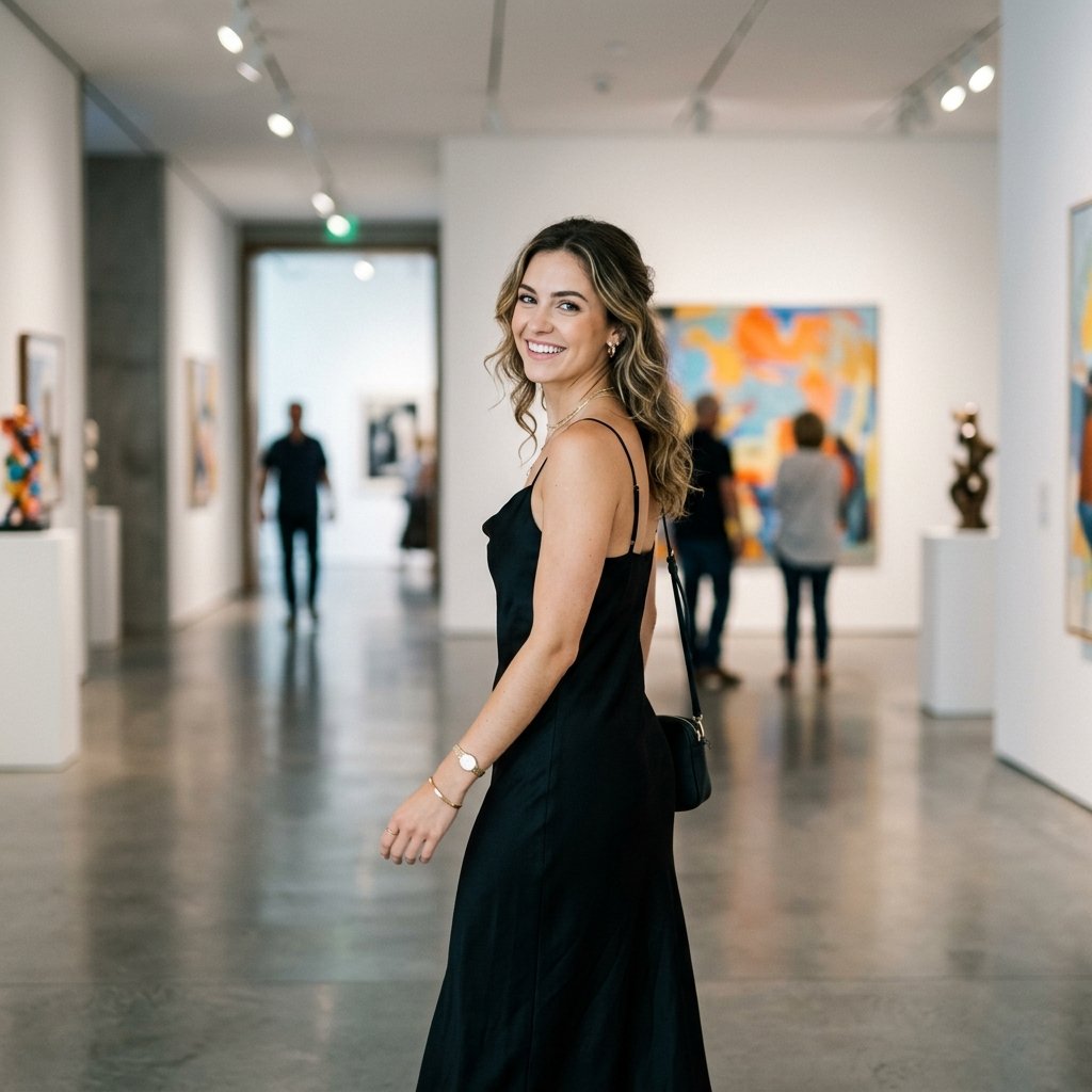 A stylish young woman looking over her shoulder playfully inside a modern art gallery, wearing an el