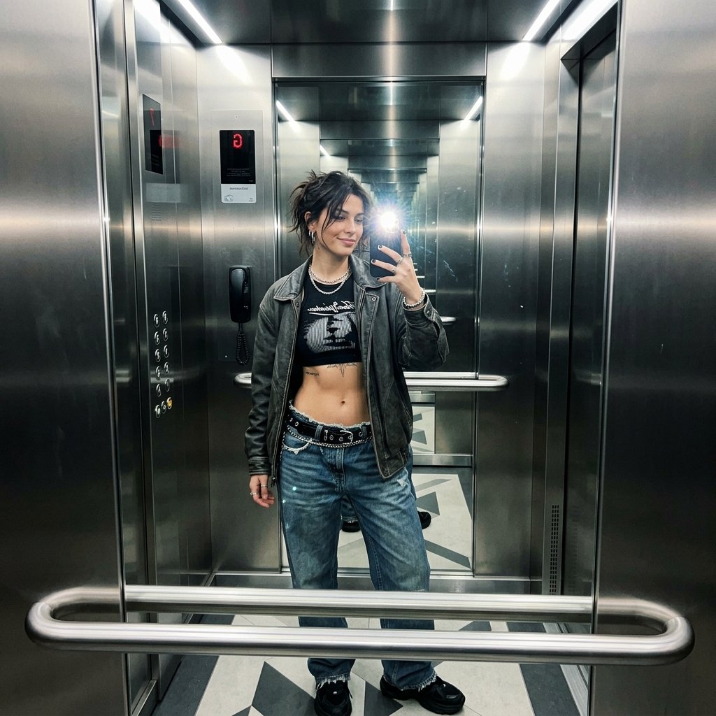 A young woman taking a casual mirror selfie with flash in a sleek elevator, wearing an edgy street-s
