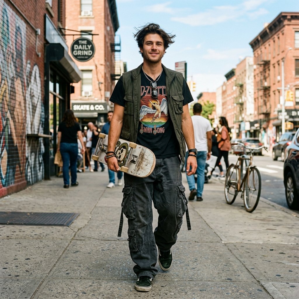 Action portrait of a cool guy holding a skateboard walking down a city street, wearing baggy cargo p