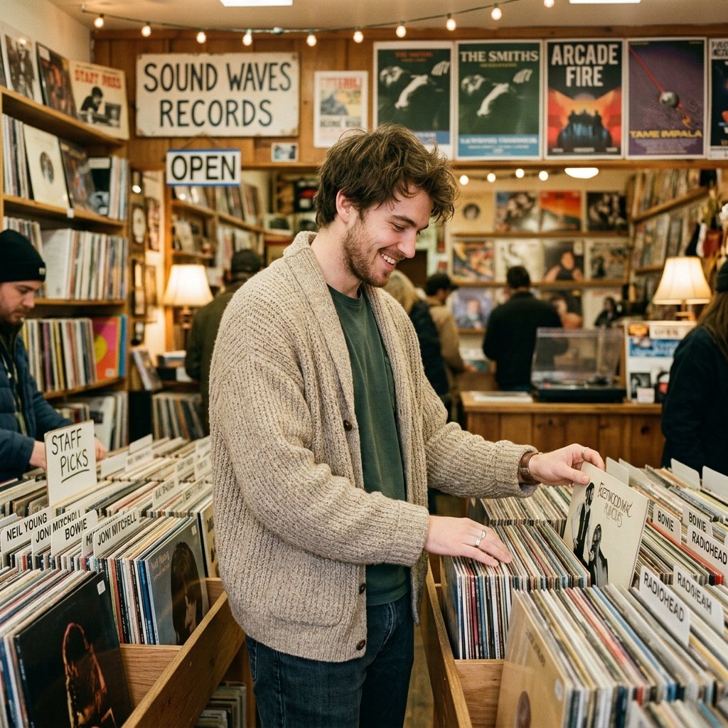 A guy flipping through vinyl records in an indie record store, warm vintage lighting, wearing a cozy