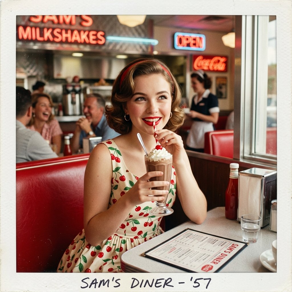 A cute girl sipping a milkshake at a retro 50s diner, wearing a cherry print dress and red lipstick,