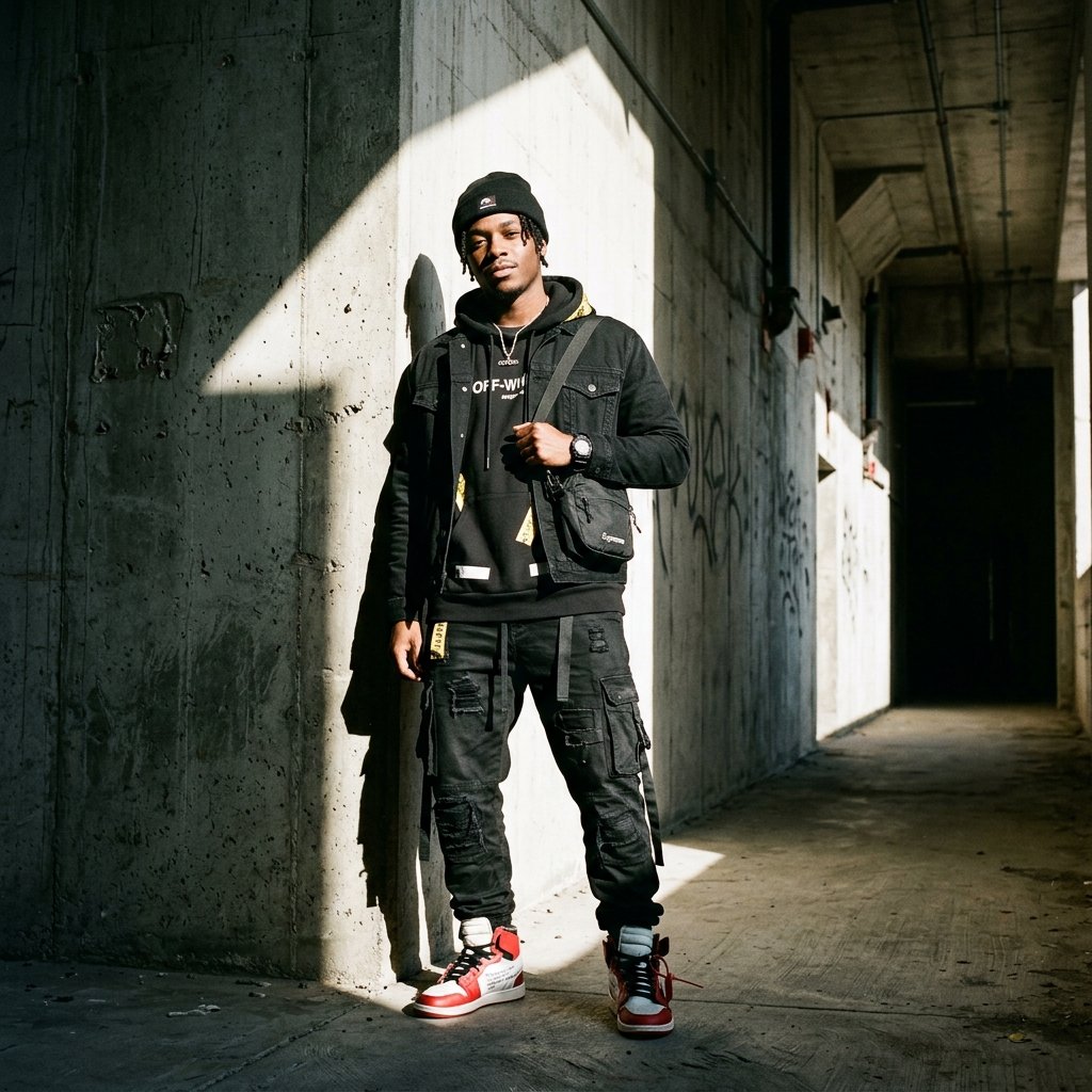 A stylish guy standing in a stark concrete corridor in full hypebeast streetwear, high-contrast sunl