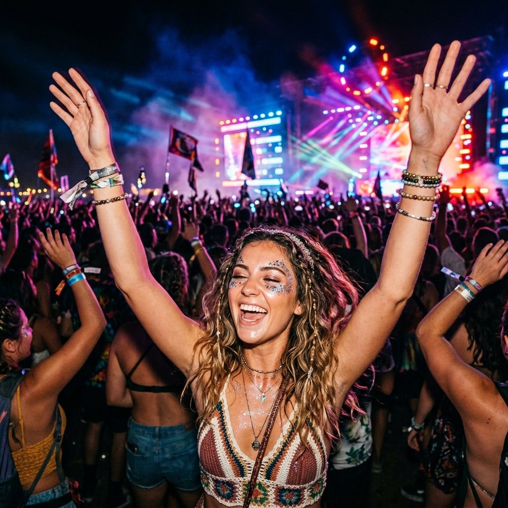 A young woman at a music festival surrounded by colorful lights, wearing glitter makeup and boho fas