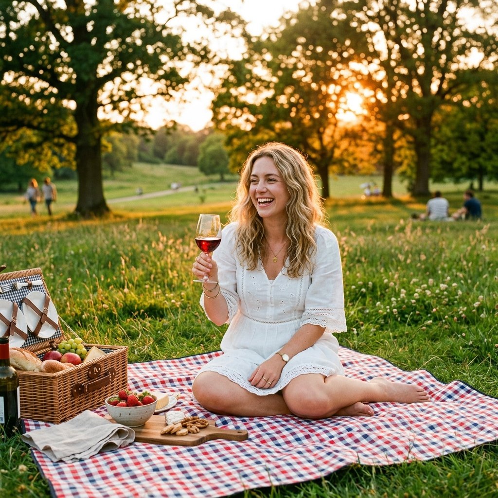 A cheerful young woman sitting on a gingham blanket in an open park having a picnic, holding a glass